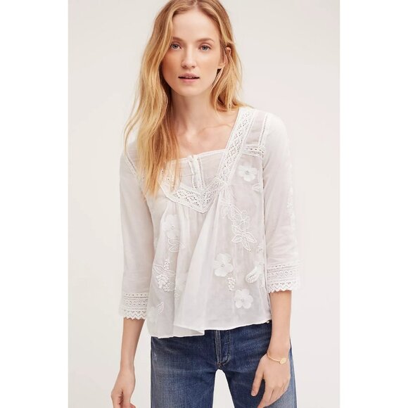 Anthropologie Vanessa Virginia Collaged Lace Ivory Top Embroidered Womens XS - Picture 1 of 15